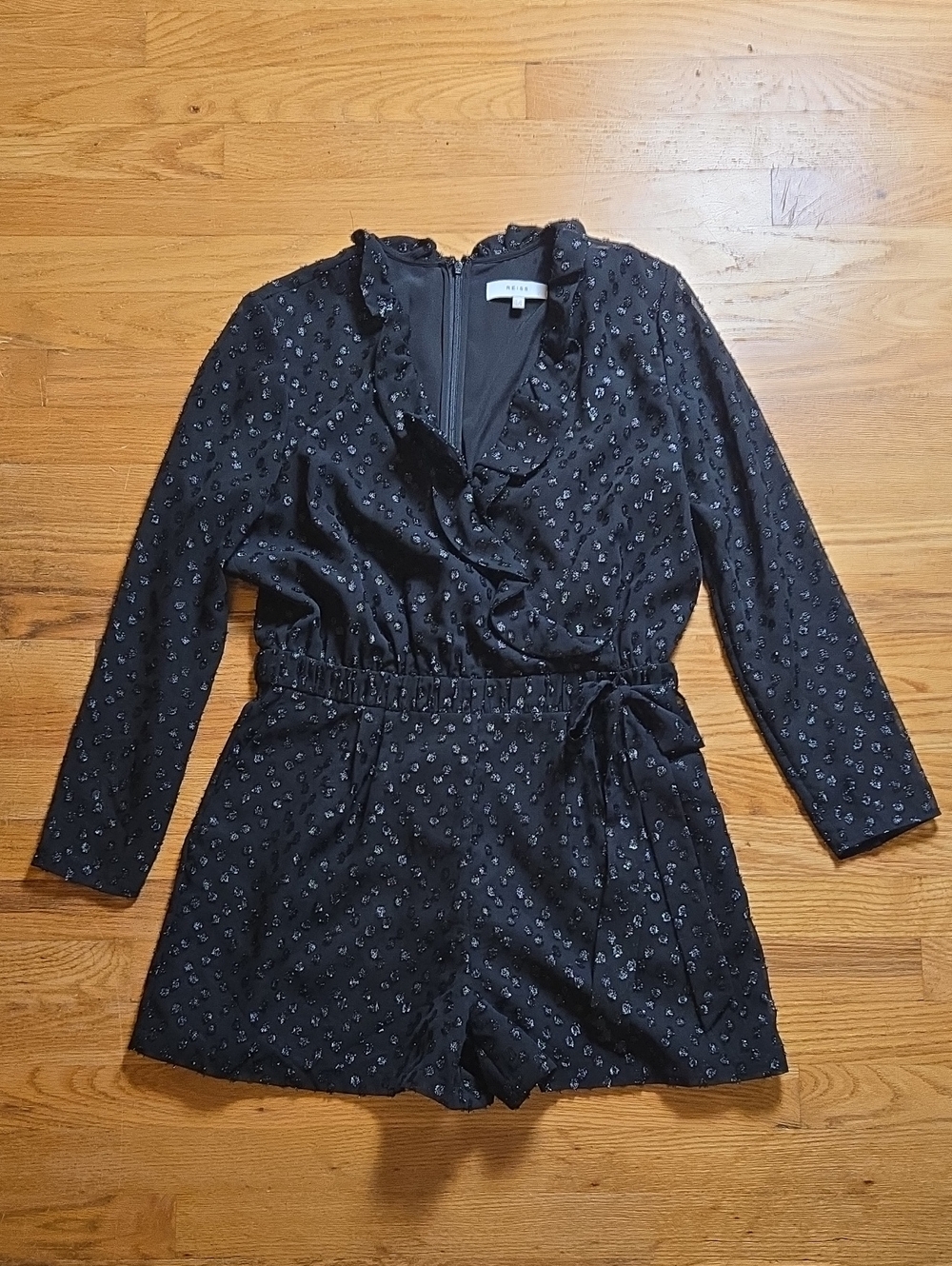 Reiss black metallic burnout polka dot Cuba long sleeve ruffle playsuit romper
